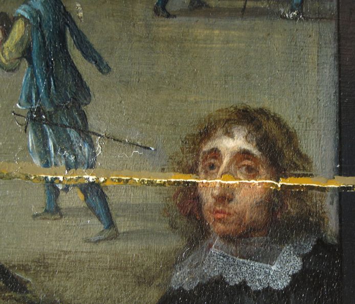 The restoration process revealed details of the original coat of paint, such as the eyes of painter Willem van Hacht.