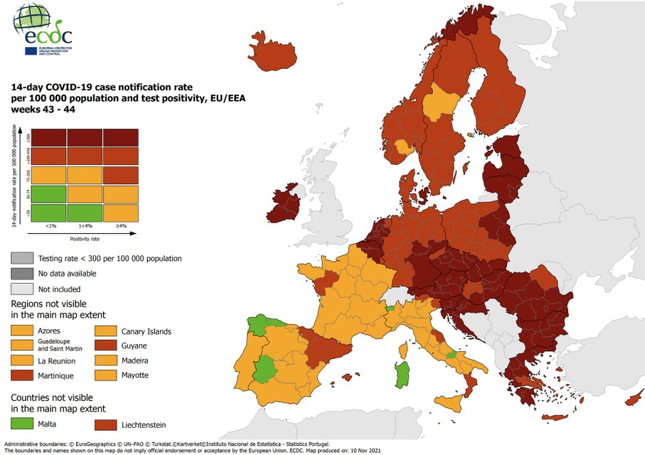 The situation in Europe according to the ECDC on November 11, 2021 