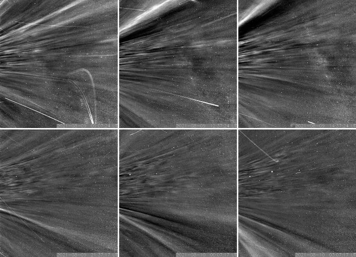 During perihelion IX, the Parker spacecraft flew through structures called coronal streamlines.  These structures can be seen as bright lines moving up in the upper images and sloping down in the lower images.  Streaks are visible from Earth during a total solar eclipse.