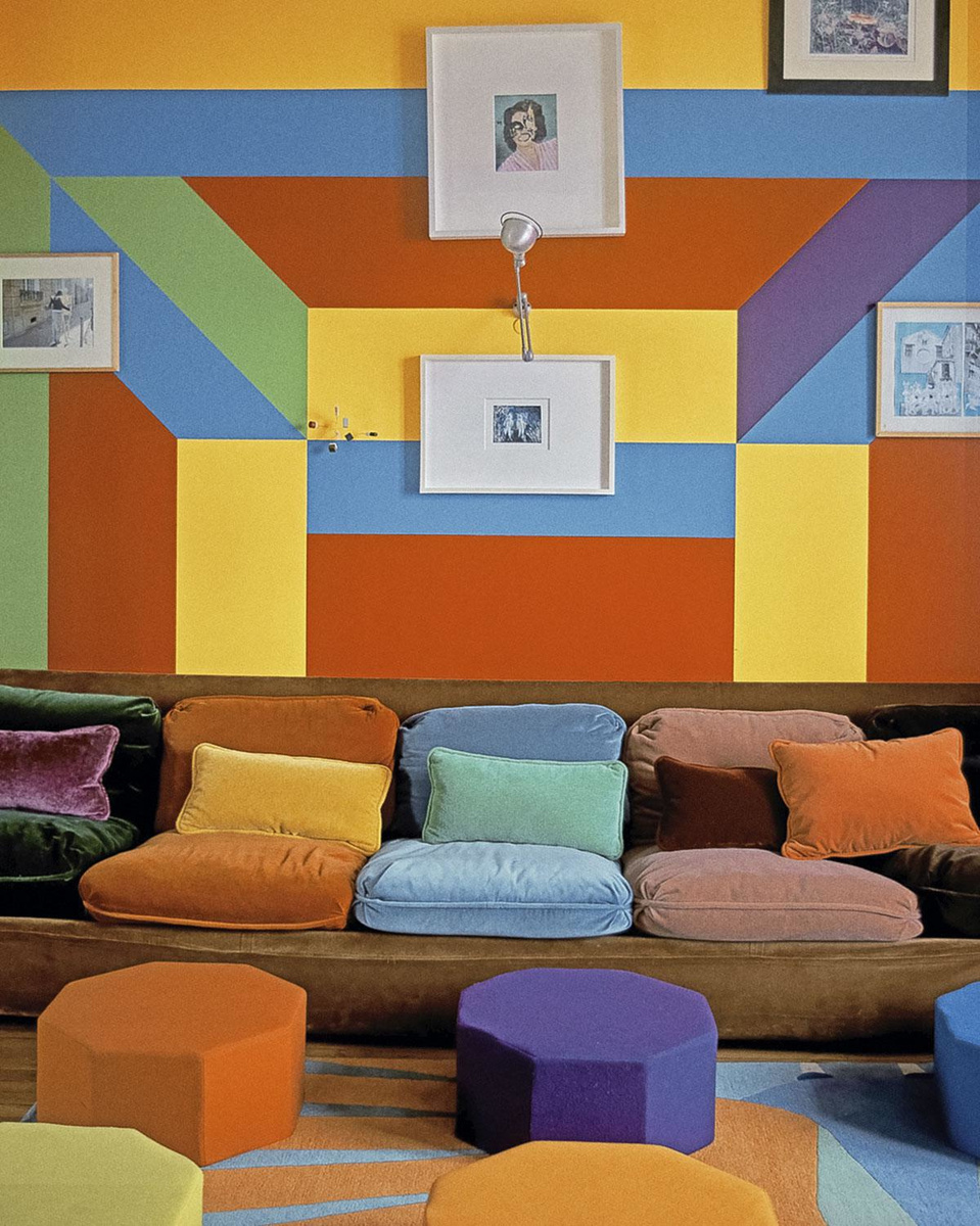 French businessman Ramadan El-Tohamy personally designed this graphic mural, inspired by his Paris apartment in the 1930s.  He also designed the sofa and matching pillows.  , CHARLOTTE DEEREGNIEAUX