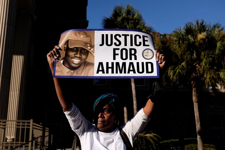 A woman demands justice for the death of Ahmaud Arbery as the jury reached its verdict in November of last year.  Reuters photo