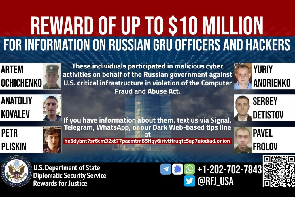 10 million US awards for tips leading to six Russian hackers