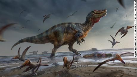 This illustration shows the terrifying Isle of Wight Spinosaurid come to life.