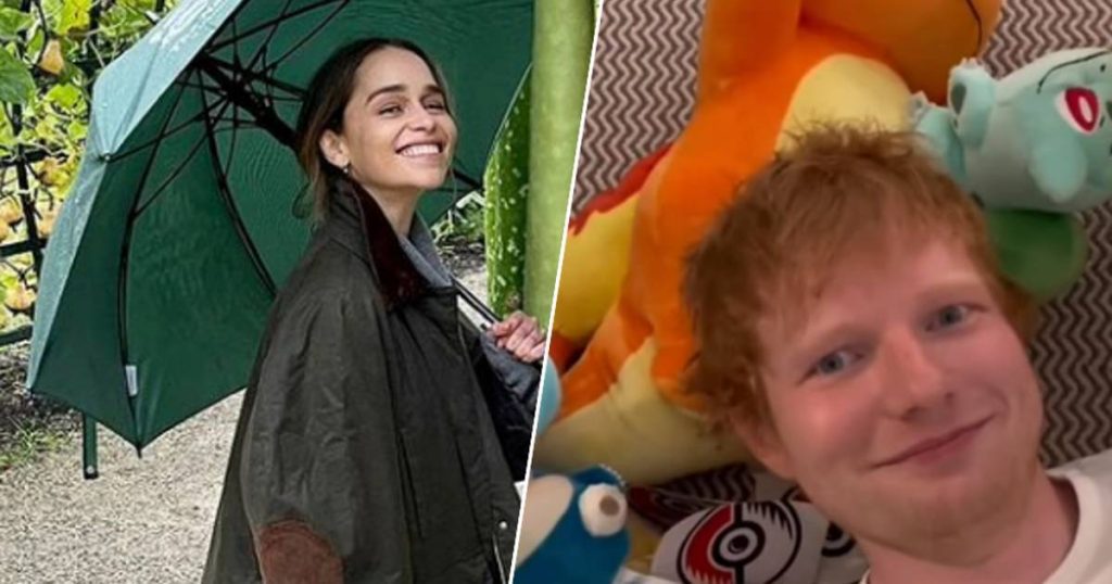 CELEB 24/7.  Emilia Clarke goes for a walk in the rain and Ed Sheeran is a big fan of Pokemon |  showbiz