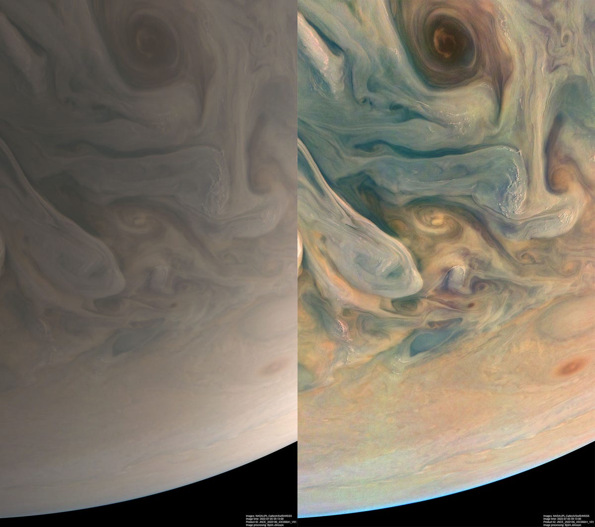 On the left is a soft beige version of Jupiter.  On the right is the same image, except for shades of blue, orange and yellow.