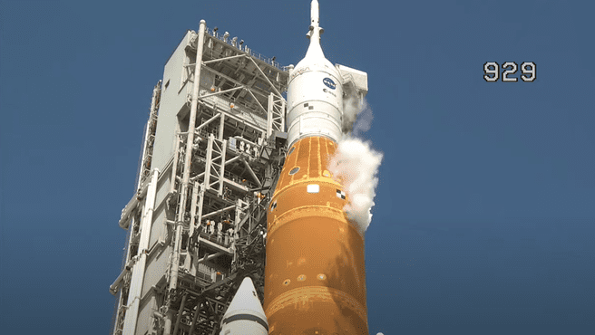 A NASA Artemis rocket during a tank test