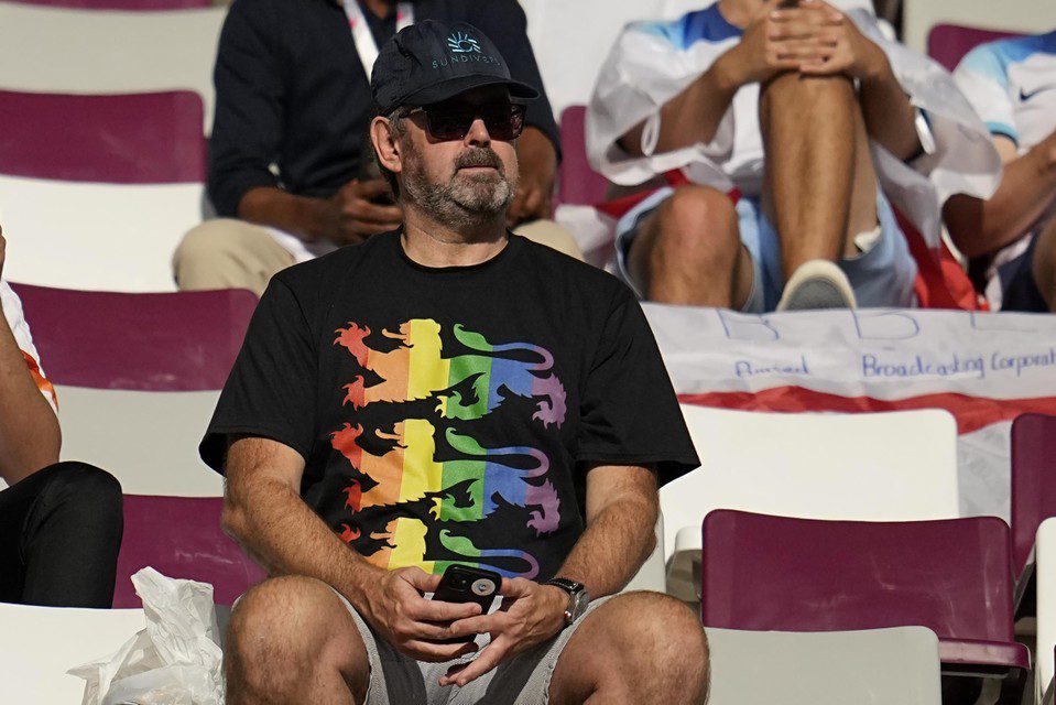 This England fan came in the colors of the rainbow for the match against Iran. 