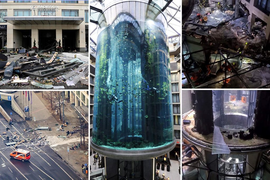 1,500 dead fish and half a hotel were destroyed after a huge aquarium exploded, but Berlin was spared an even bigger tragedy