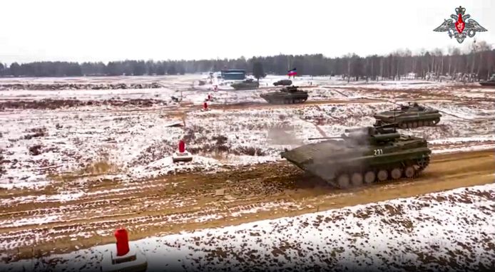 Photo released Monday by the Russian Ministry of Defense of military exercises in Belarus.