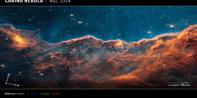 Image of the cosmic cliffs, a region at the edge of a giant gaseous cavity in NGC 3324, taken by the Near Infrared Webcam (NIRCam), with compass arrows, scale bar, and color key as reference.  The north and east compass arrow indicates the image's direction in the sky.  Note that the relationship between north and east in the sky (viewed from below) is reversed from the directional arrows on the Earth map (viewed from above).  The scale bar is indicated in light years, the distance light travels in one Earth year.  It takes two years for the light to travel a distance equal to the length of the scope.  A light year is 5.88 trillion miles or 9.46 trillion km.  This image shows the near-infrared wavelengths translated into the colors of visible light.  The color key shows the NIRCam filters used to capture the light.  The color of each filter name is the color of the visible light used to represent the infrared light passing through that filter.  Webb's NIRCam was built by a team from the University of Arizona and Lockheed Martin's Advanced Technology Center.